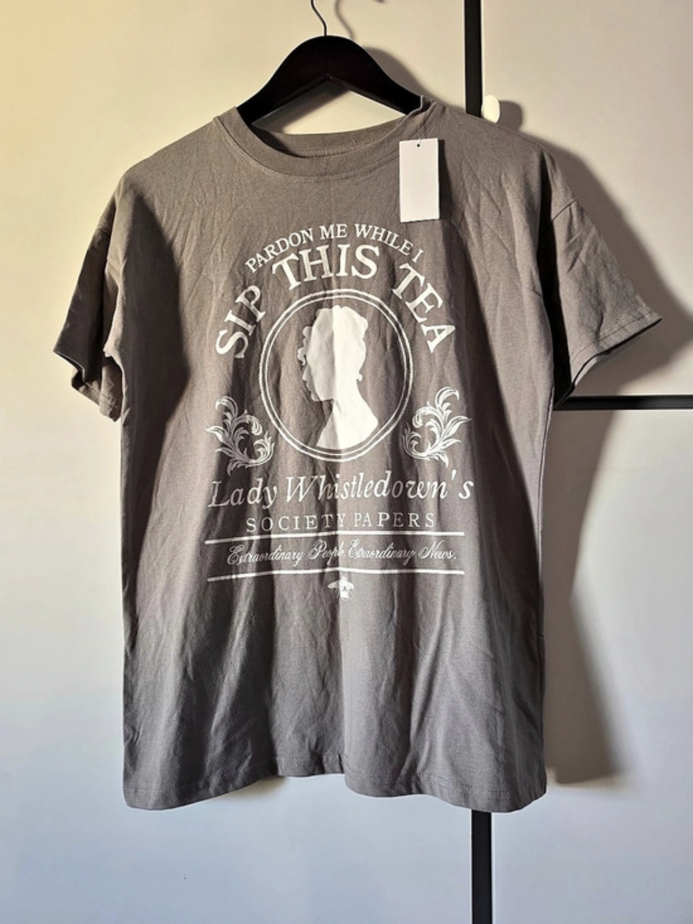 Bridgerton Lady Whistledown Sip This Tea Graphic T-Shirt Gray